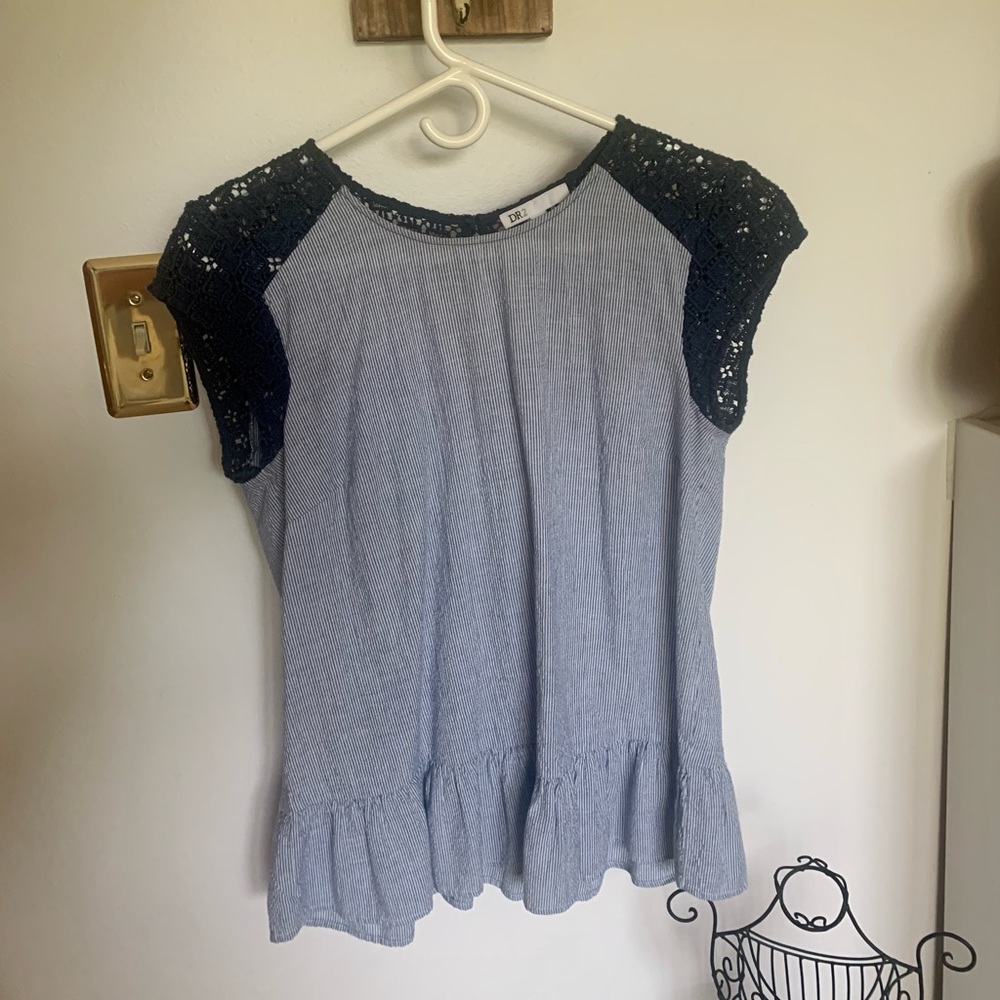 Navy + White lace, striped blouse